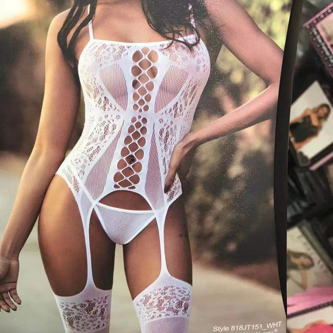 Womens Fishnet Bodystocking Sexy Exotic Lingerie Crotchless One Piece Bodysuit - White