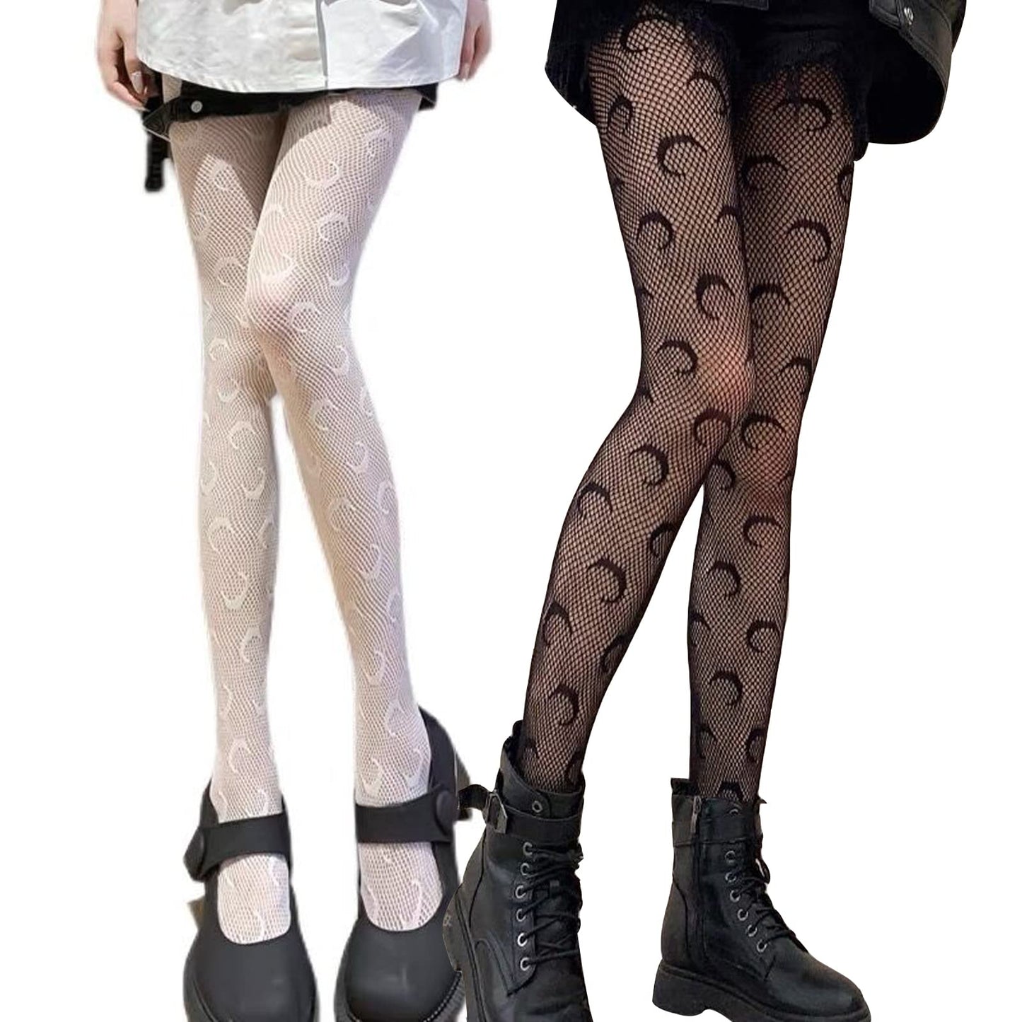 Women's Patterned Tights Black White Lace Tights Fishnet Floral Stockings Sexy Pantyhose Leggings - White