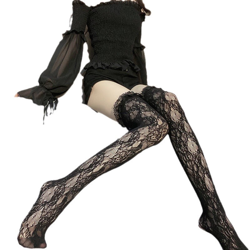 Lace-trimmed Over-the-Knee Socks for a Cute Look - Black