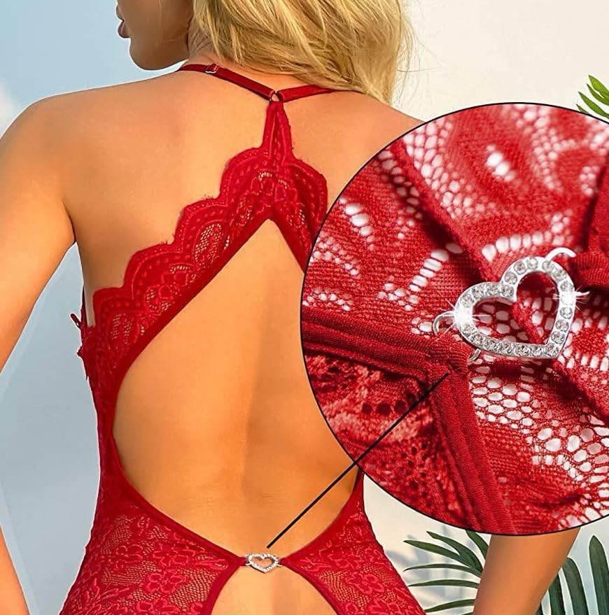 Women's Deep V Lace Babydoll Lingerie - Adjustable Teddy & Sheer Design - Red