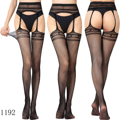 Women's High Waist Fishnet Tights Suspenders Pantyhose Thigh High Stockings Black